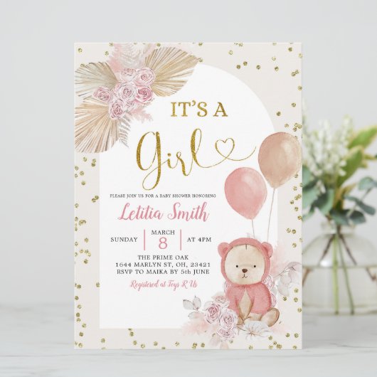 Roze Boho Pampas Grass Girl Baby shower Kaart (Staand voorkant)