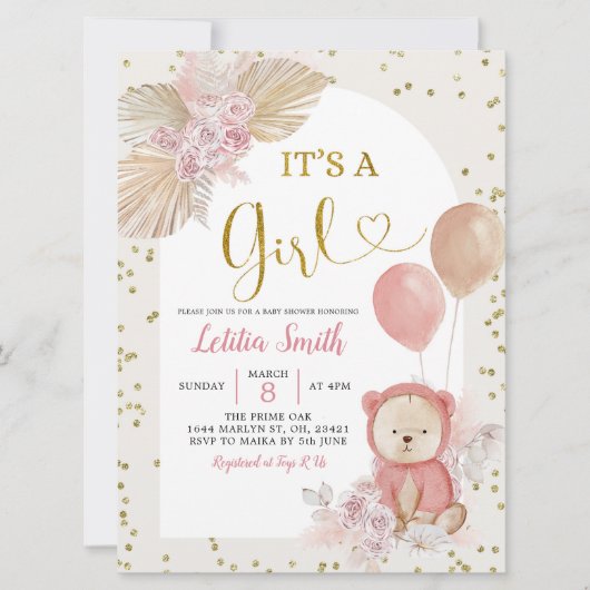 Roze Boho Pampas Grass Girl Baby shower Kaart (Voorkant)