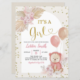 Roze Boho Pampas Grass Girl Baby shower Kaart