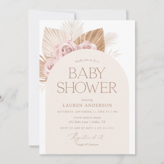Roze Boho Pampas Grass Girl Baby shower Kaart (Voorkant)