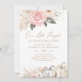 Roze Boho Pampas Grass Pumpkin 1e Verjaardag Kaart (Voorkant)