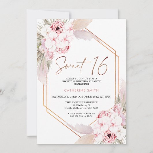 Roze Boho Pampas Grass Sweet 16 Birthday Kaart (Voorkant)