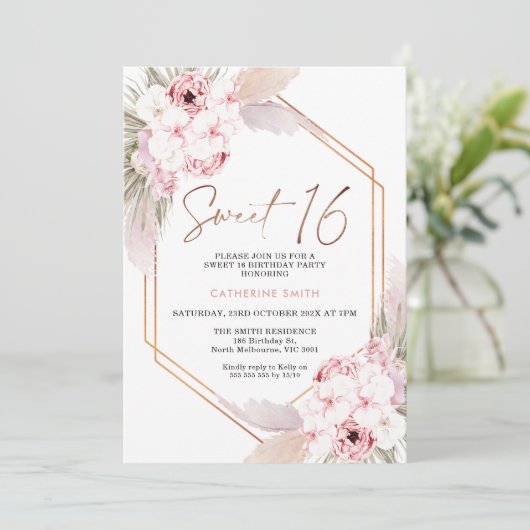 Roze Boho Pampas Grass Sweet 16 Birthday Kaart (Staand voorkant)