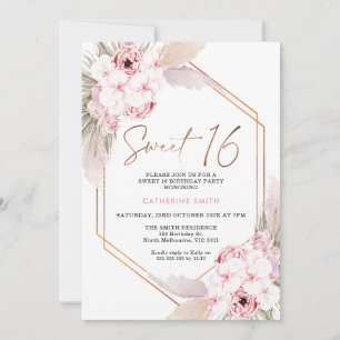 Roze Boho Pampas Grass Sweet 16 Birthday Kaart