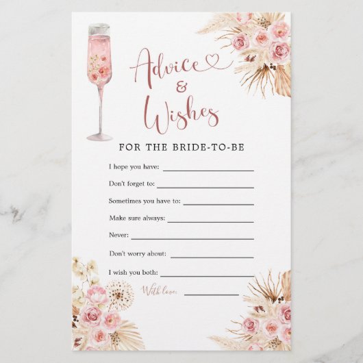 Roze Boho Petals en Prosecco Advies & Wensen Kaart (Voorkant)