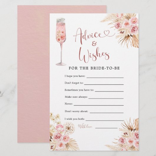 Roze Boho Petals en Prosecco Advies & Wensen Kaart (Voorkant / Achterkant)