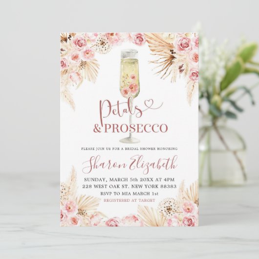 Roze Boho Petals en Prosecco Vrijgezellenfeest The Kaart (Staand voorkant)