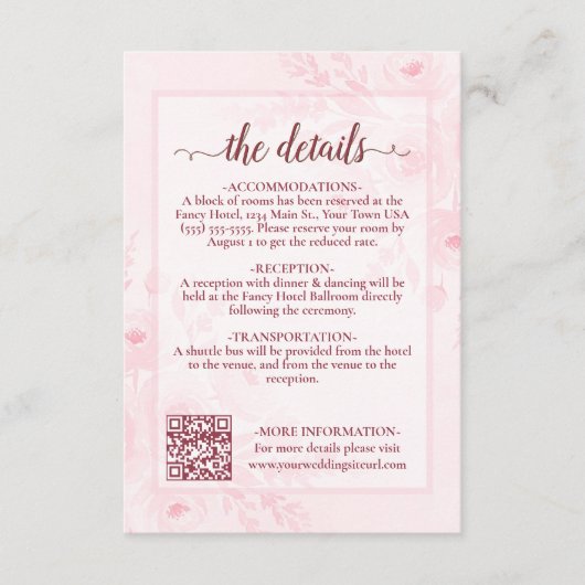 Roze Boho Pioen Trouwdetails QR-code Informatiekaartje (Voorkant)