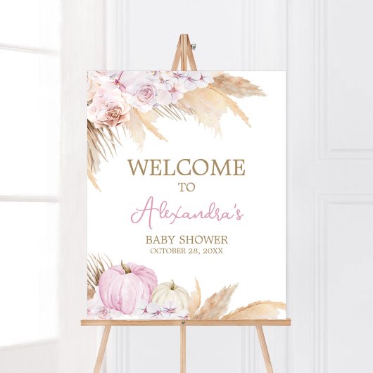 Roze Boho Pompoen Baby shower Welkom Poster