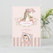 Roze Boho Pony Foto Baby Meisje 1e verjaardag Kaart (Staand voorkant)