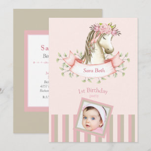 Roze Boho Pony Foto Baby Meisje 1e verjaardag Kaart