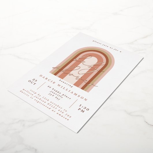 Roze Boho Rainbow Baby shower Roos Gold Folie Uitnodiging (Gedraaid)