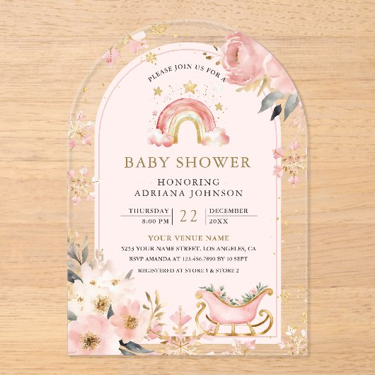 Roze Boho Rainbow Winter Arch Baby shower Acryl Uitnodigingen (Voorkant)