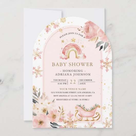 Roze Boho Rainbow Winter Arch Baby shower Kaart (Voorkant)
