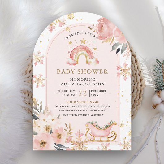 Roze Boho Rainbow Winter Arch Baby shower Kaart