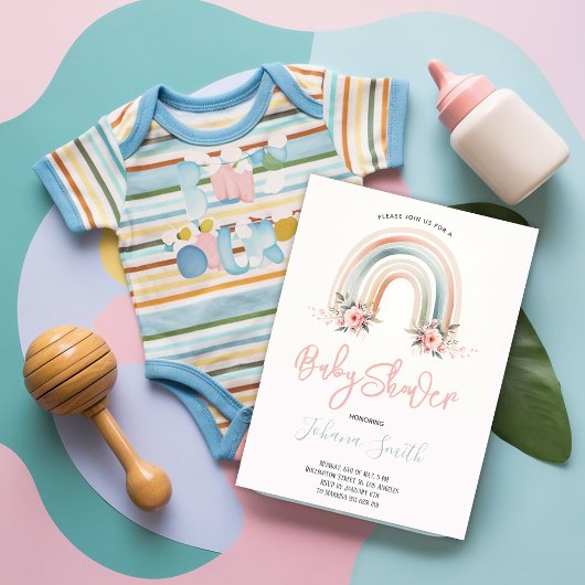 Roze Boho Regenboog Meisje Baby shower Invitation Kaart