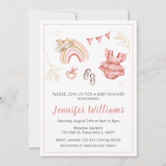Roze boho regenboogmeisje uitnodiging tot douche (Voorkant)
