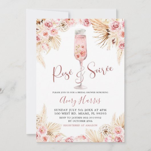 Roze Boho Roos Soiree Bridal Shower Invitation Kaart (Voorkant)