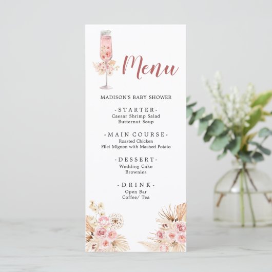 Roze Boho Roos Soiree Vrijgezellenfeest Menu (Staand voorkant)