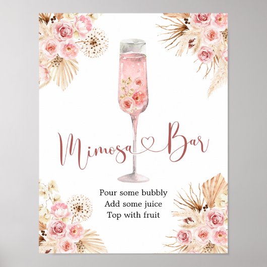 Roze Boho Roos Soiree Vrijgezellenfeest Mimosa Bar Poster (Voorkant)