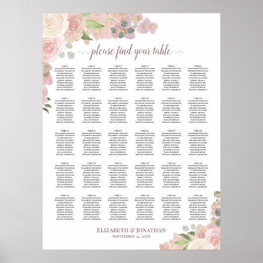 Roze Boho Rozen 30 Tafel Trouw Stoelenplattegrond Poster (Voorkant)