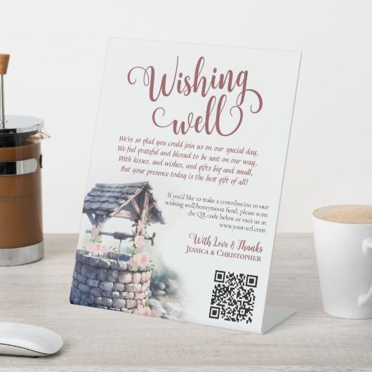 Roze Boho Rozen Bruiloft Wishing Well QR Code Reclamebord Met Voetstuk (Insitu)