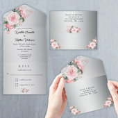 Roze Boho Rozen en Metallic Silver Wedding All In One Uitnodiging
