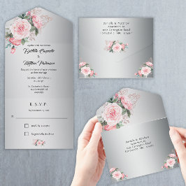 Roze Boho Rozen en Metallic Silver Wedding All In One Uitnodiging