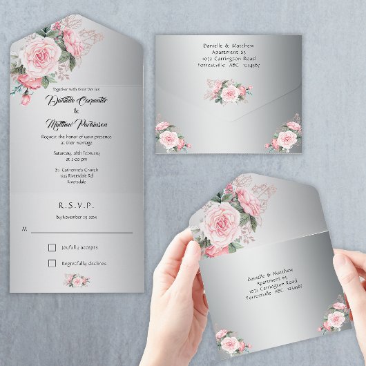 Roze Boho Rozen en Metallic Silver Wedding All In One Uitnodiging