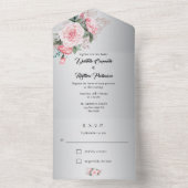 Roze Boho Rozen en Metallic Silver Wedding All In One Uitnodiging (Binnen)