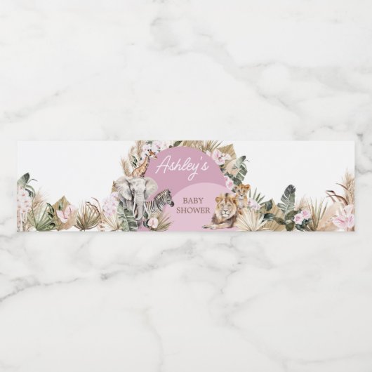 Roze Boho Safari Baby shower Waterfles Etiket (Enkel label)