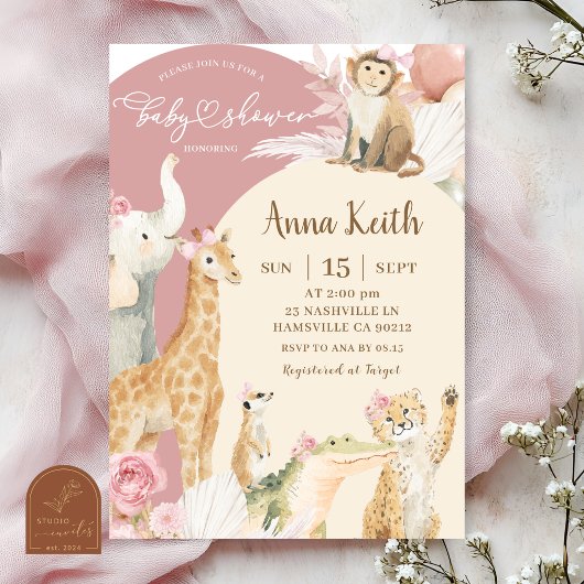 Roze Boho Safari babyshower uitnodiging