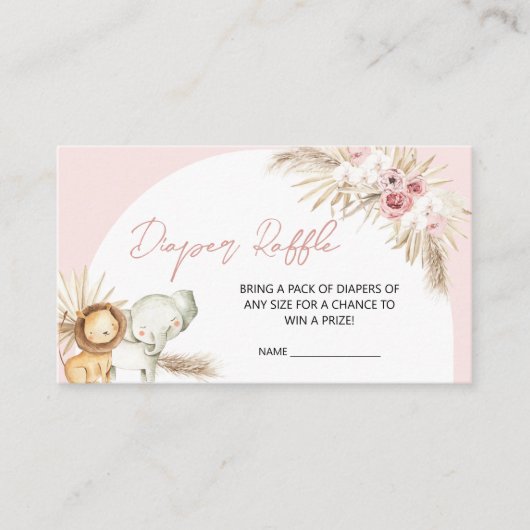 Roze Boho Safari Dieren Baby shower Luier Raffle Informatiekaartje (Voorkant)