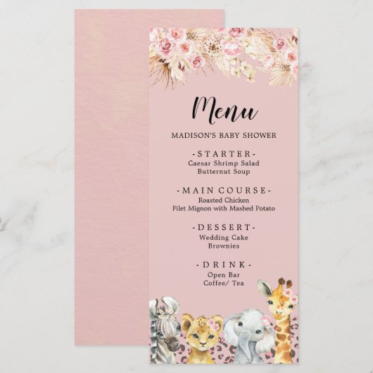 Roze Boho Safari Party Dieren Baby shower Menu (Voorkant / Achterkant)