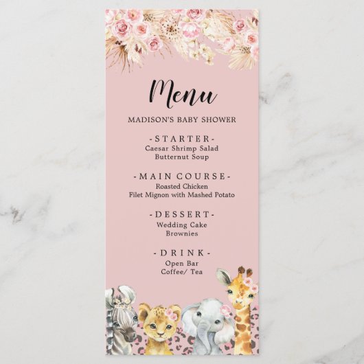 Roze Boho Safari Party Dieren Baby shower Menu (Voorkant)