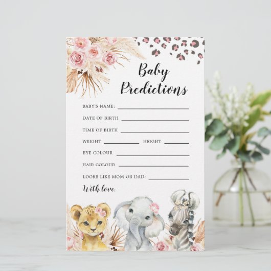 Roze Boho Safari Party Dieren Baby Voorspelling (Staand voorkant)