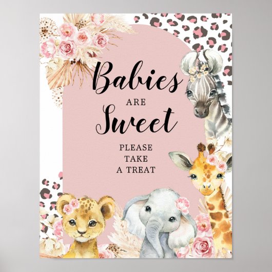 Roze Boho Safari Party Dieren Baby's zijn zoet Poster (Voorkant)