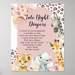 Roze Boho Safari Party Dieren Late Night Luier Poster