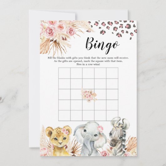 Roze Boho Safari Party Dieren Meisje Baby Bingo Kaart (Voorkant)