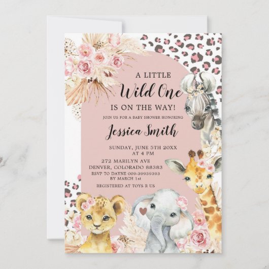 Roze Boho Safari Party Dieren Meisje Baby shower Kaart (Voorkant)