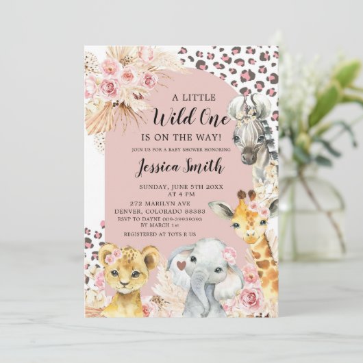 Roze Boho Safari Party Dieren Meisje Baby shower Kaart (Staand voorkant)