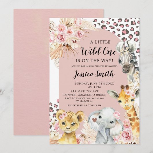 Roze Boho Safari Party Dieren Meisje Baby shower Kaart (Voorkant / Achterkant)