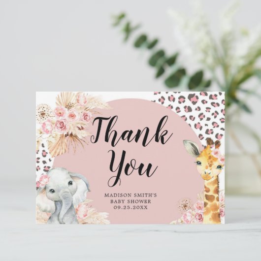 Roze Boho Safari Party Dieren Meisje Dank u Kaart