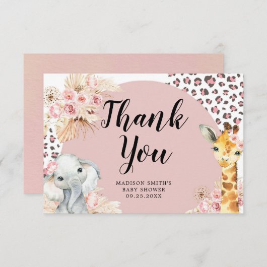 Roze Boho Safari Party Dieren Meisje Dank u Kaart (Voorkant / Achterkant)