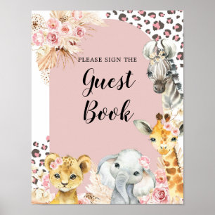 Roze Boho Safari Party Dieren Meisje Gastenboek Poster