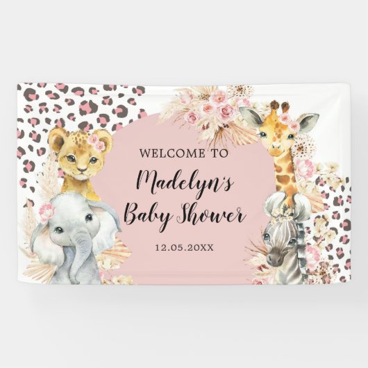 Roze Boho Safari Party Dieren Meisje Grote Banner (Horizontaal)