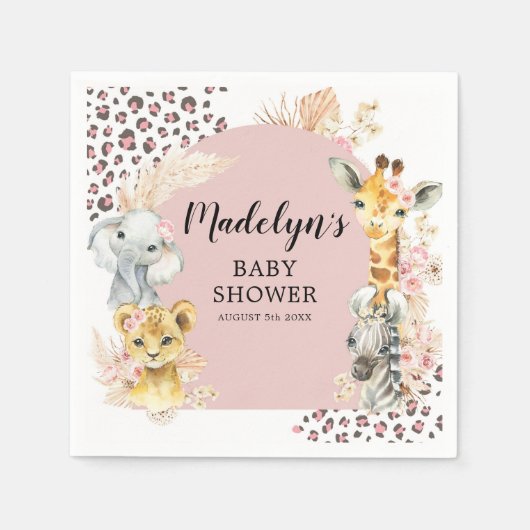 Roze Boho Safari Party Dieren Meisje Papier Servet (Voorkant)