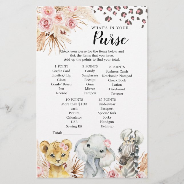 Roze Boho Safari Party Dieren Meisje Purse Game (Voorkant)