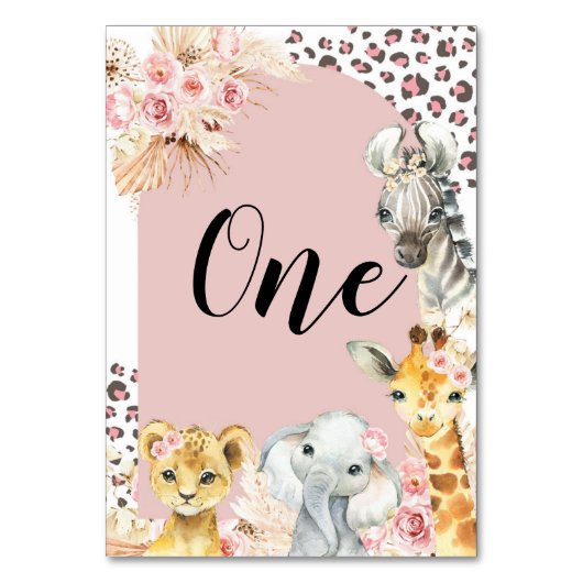 Roze Boho Safari Party Dieren Meisje Tafelnummer (Voorkant)