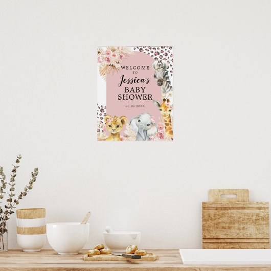 Roze Boho Safari Party Dieren Meisje Welkomstbord Poster (Keuken)